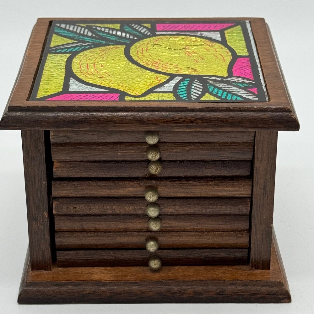 Vintage 1970s Wood Coaster Set Box 8 Pc Stained Glass Lemon Mini Dresser Caddy